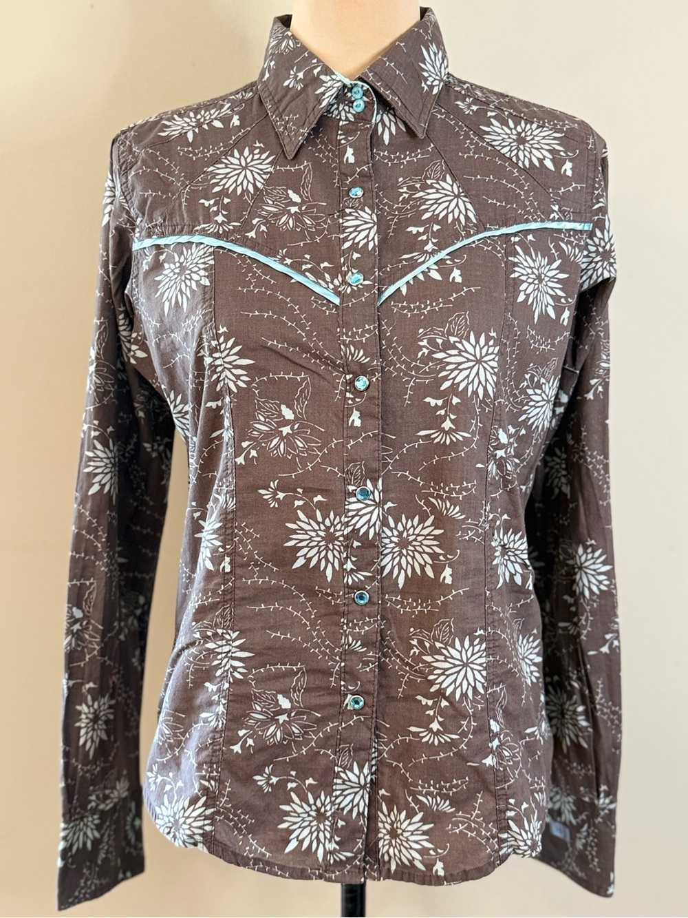 Tailored Twenty X brown country western shirt teal rhinestone snap front SZ SM
